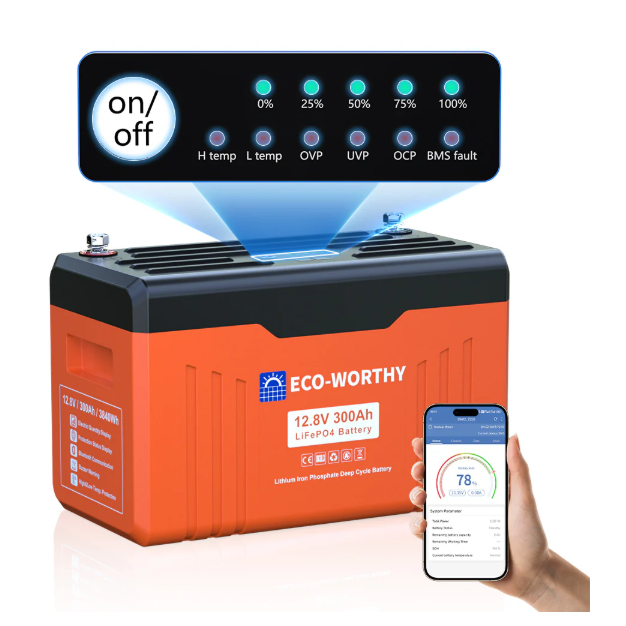 ECO-WORTHY 12V 300AH Lifepo4 Lithium Battery Bluetooth with SOC LEDs and Low Temp Protection
