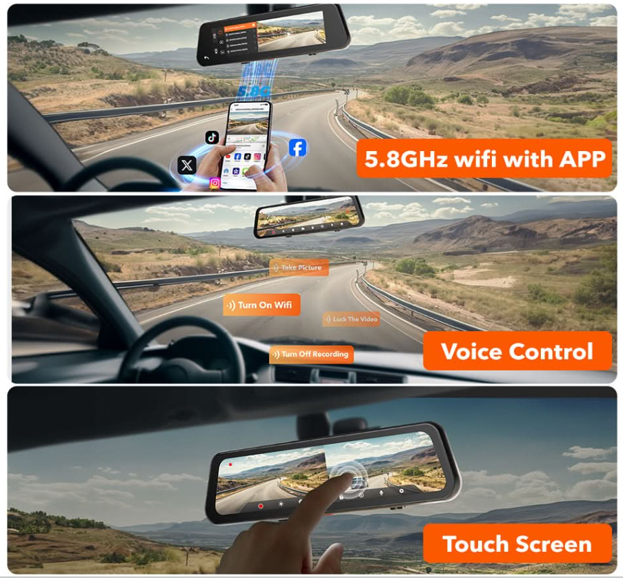 WOLFBOX G900Pro 12MP WiFi Touch Screen Rear View Mirror Dash Cam Smart Mirror