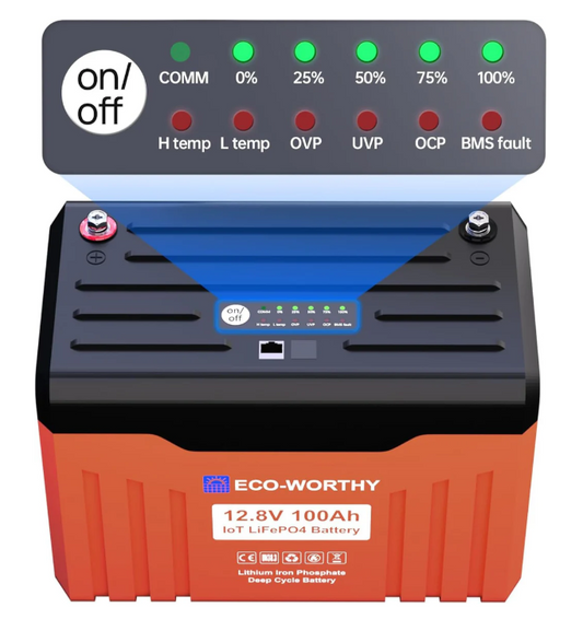 ECO-WORTHY 12V 100AH LiFePO4 Lithium Battery with Battery Status Display, 100A BMS with Low-Temp Protection